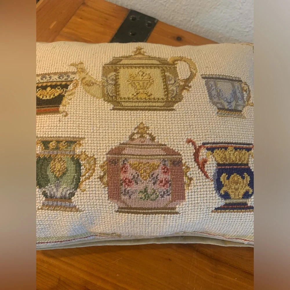Vintage Teacups and teapot Set Needlepoint Pillow Down filled
